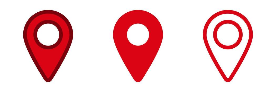 Red location marker icons representing different styles and designs for maps and navigation vector