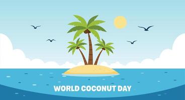 ilustración de un tropical isla con palma arboles en un azul Oceano debajo un soleado cielo, celebrando mundo Coco día. vector