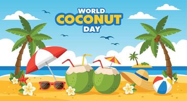 mundo Coco día ilustración presentando cocos con pajitas, playa paraguas, Gafas de sol, sombrero, playa pelota, flores, palma árboles, isla, aves, y azul cielo. vector