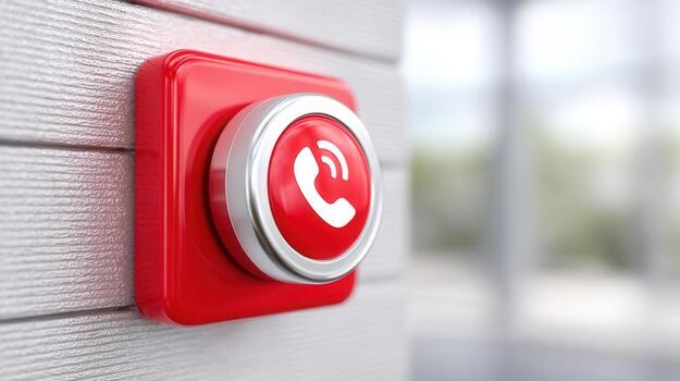 Emergency phone button glowing red, mounted on white wall blurred behind window with photo