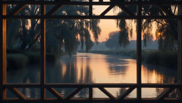River at Sunset Through Window with Reflections and Weeping Trees photo