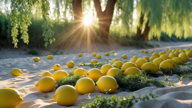 limones dispersado en arenoso suelo con rayos de sol mediante sauce arboles foto