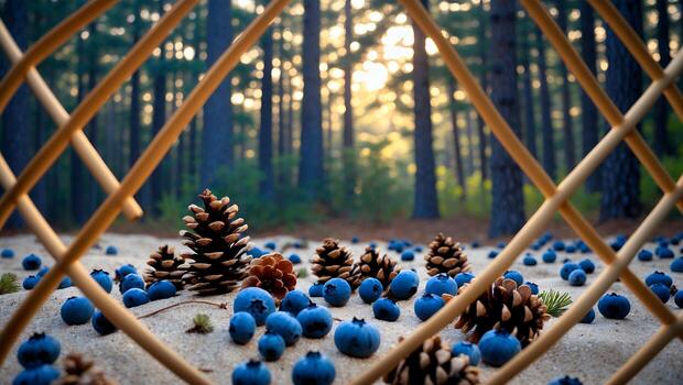 Blueberries and Pine Cones on Sand in Forest with Sunlight photo