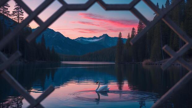 Swan Swimming on Calm Lake Framed by Structure at Sunset photo