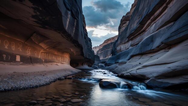 Flowing River Through Canyon with Petroglyphs and Dramatic Sky photo