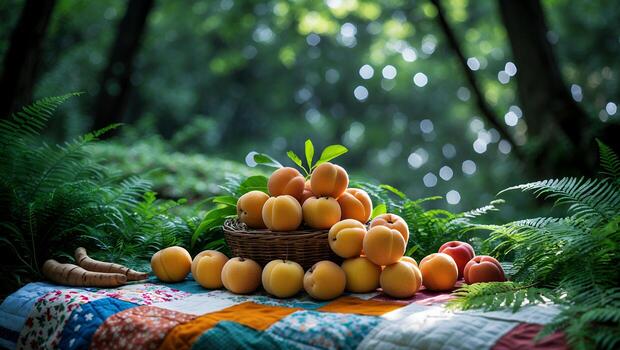 Apricots in Basket on Quilt Surrounded by Ferns in Forest photo