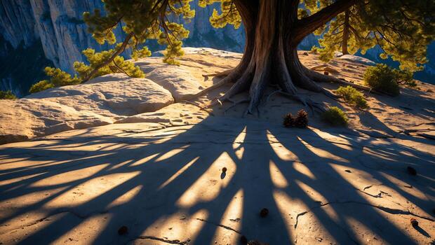 Large Tree Shadow Extending Across Rock Formation with Mountain View photo