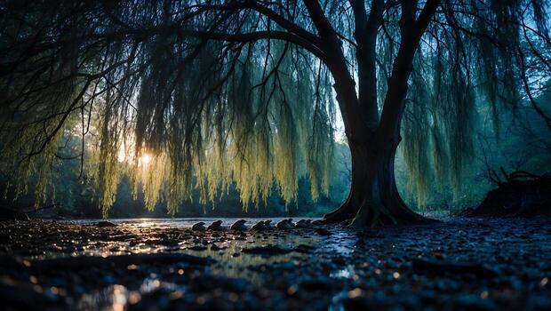 Weeping Willow Tree Overhanging Water with a Glimmer of Sunlight photo