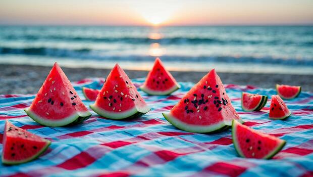 Watermelon Slices on Beach Blanket Enjoying Sunset at Ocean photo
