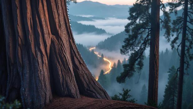 Observing Foggy Valley and Distant Lights From Base of Giant Tree photo