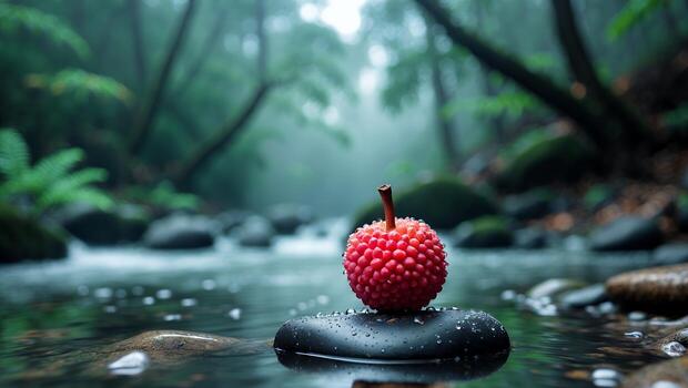 Red Fruit Resting on Stone in Misty Forest Stream photo