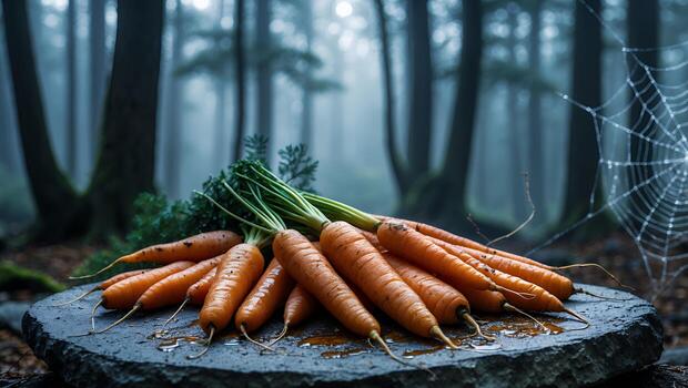 Fresh Carrots on Stone Slab in Misty Forest Setting photo