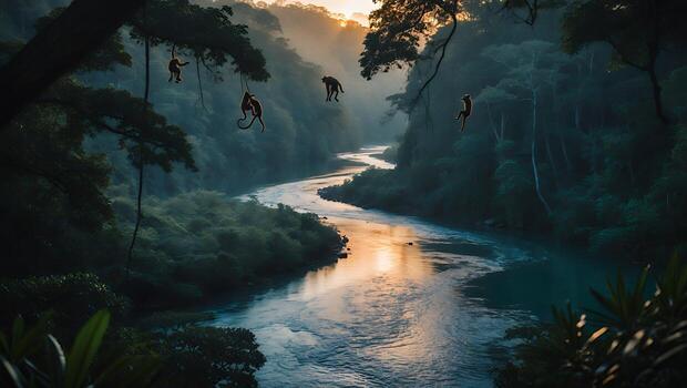 River Flowing Through Jungle with Monkeys Swinging From Trees photo