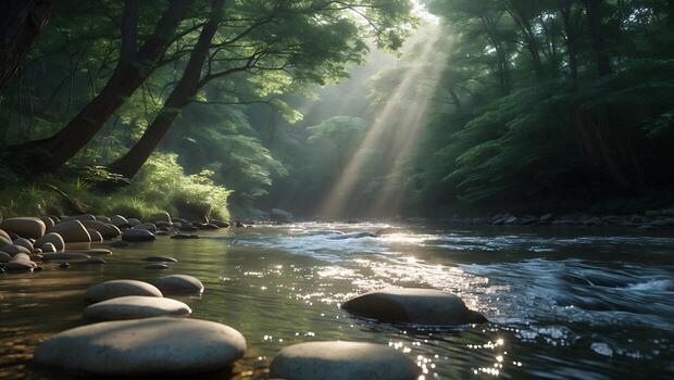 River Flowing Through a Forest with Sunlight and Smooth Stones photo