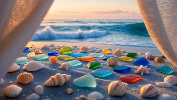 Seaglass and Shells on Sandy Beach at Sunset by Ocean photo