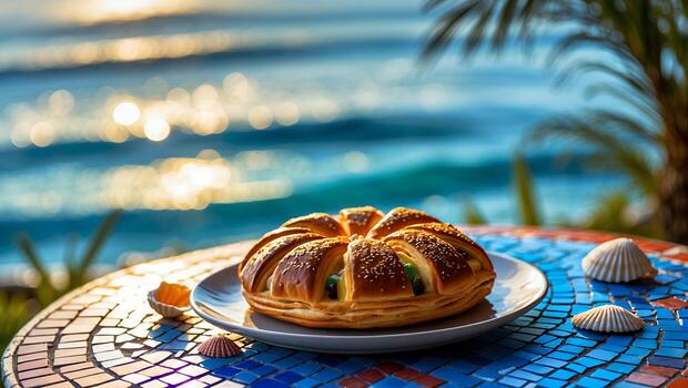 Baked Bread with Sesame Seeds Sits on Table Near Ocean photo