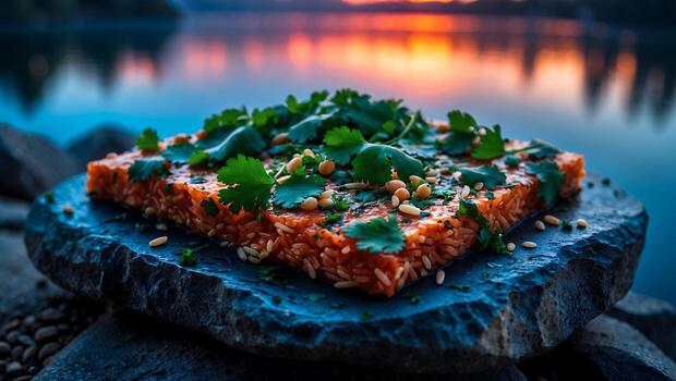Rice Dish with Herbs and Nuts Served on a Stone Slab photo