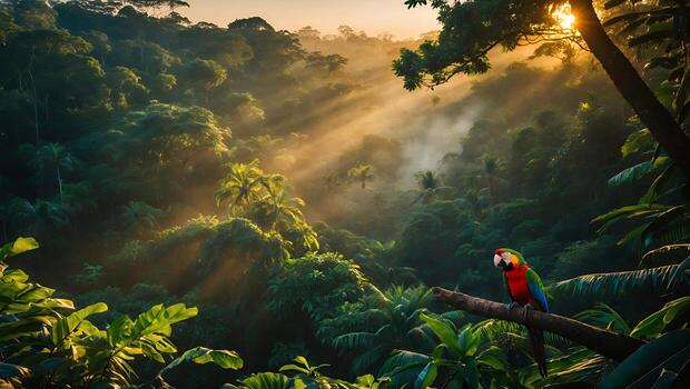 Parrot Resting in Lush Tropical Rainforest with Sun Rays photo