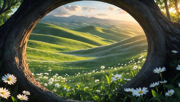 Green Hills Through Tree Trunk Window with Meadow and Sunlight photo