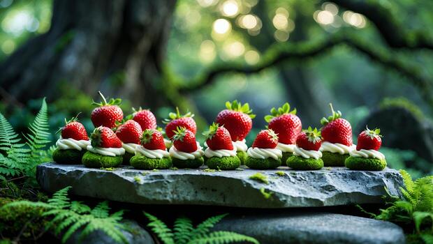 Serving Strawberry Cream Dessert Bites on Stone Slab in Forest photo