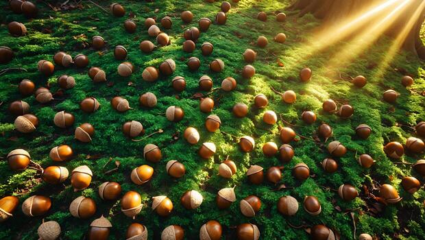 Acorns Scattered on Mossy Ground with Sunlight Streaming Through Trees photo