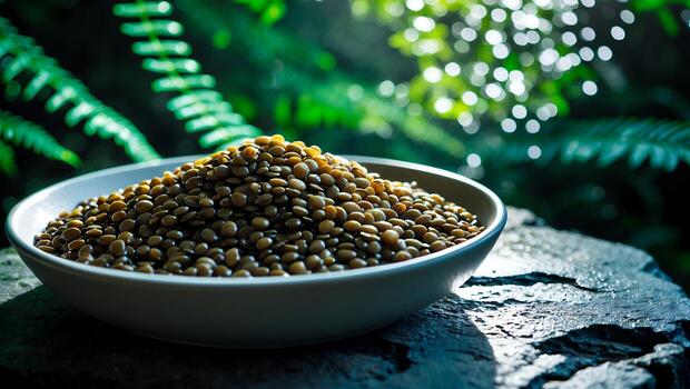 Bowl of Lentils on Stone with Ferns in Soft Background photo