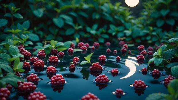 Red Berries Floating in Water with Greenery Under Soft Light photo