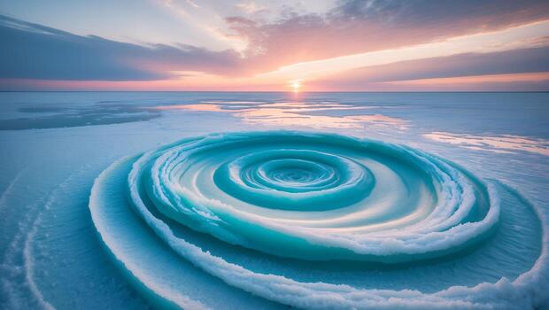 Frozen Landscape Ice Formation with Ocean View at Sunset Glow photo