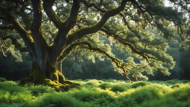 Majestic Old Tree with Moss in Sunny Green Field Scenery photo