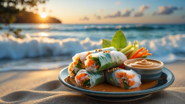 Enjoying Fresh Spring Rolls with Dip on a Tropical Beach photo