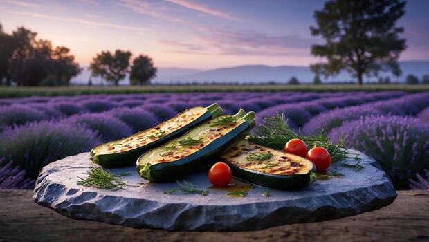 Grilled Zucchini Slices on Stone Slab with Lavender Field Background photo