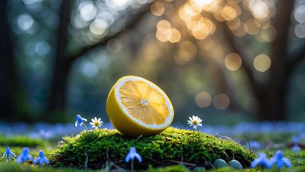 Lemon Slice on Mossy Ground with Spring Flowers and Bokeh photo
