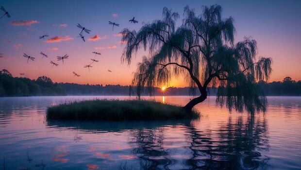 Willow Tree Silhouette and Dragonflies at Sunset Reflecting in Lake photo