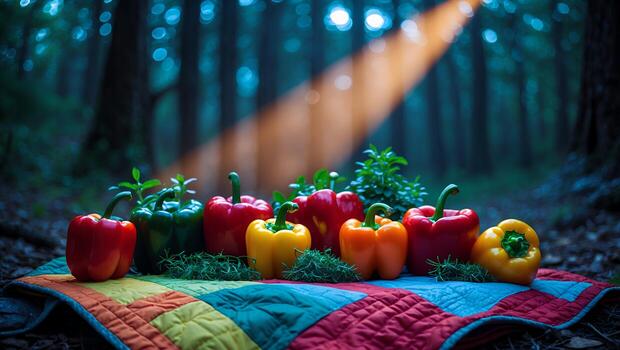 Arrangement of Fresh Peppers on Colorful Quilt in Forest Setting photo