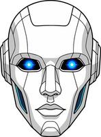 Closeup illustration of a futuristic robot head with glowing blue eyes, isolated on white background vector