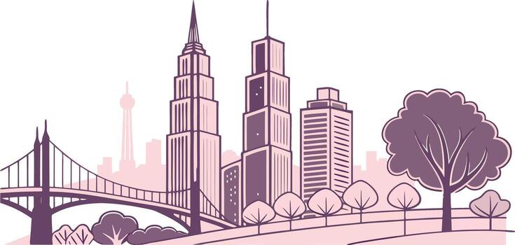 Stylized illustration of a city skyline with a bridge and trees, isolated on white background vector