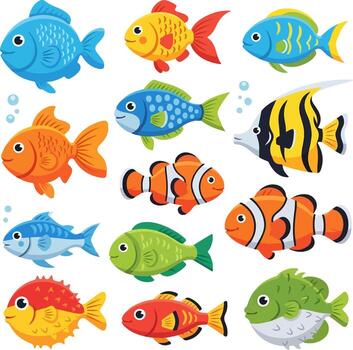 A collection of diverse and colorful cartoon fish swimming in a playful underwater scene, featuring various species and aquatic elements vector