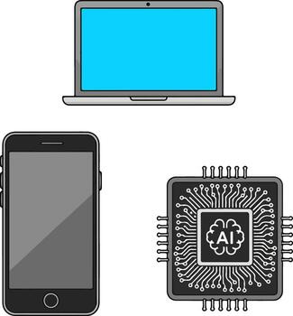 Illustration of a laptop, smartphone, and a microchip with an ai brain symbol, isolated on white background vector