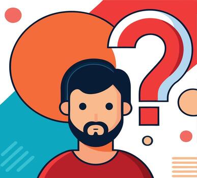 Confused bearded man looks on question mark with colorful geometric shapes surrounding his image vector
