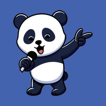 Happy panda cartoon is singing into microphone and points to something on blue background vector