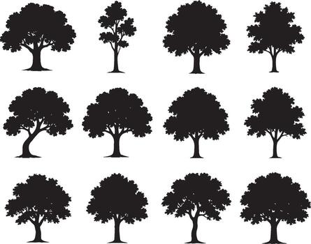 Set of Black Tree Silhouettes in Various Shapes and Positions vector