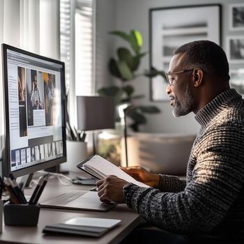 Man reading in a cozy workspace during the day while using a computer photo