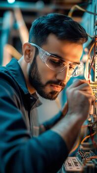 Skilled technician working on electrical circuits with precision and focus in a workshop photo