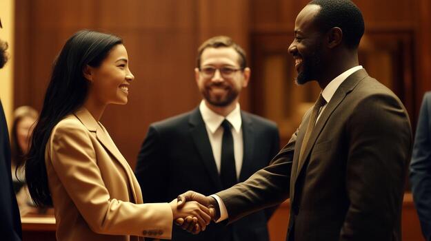 Smiling handshake shared between two professionals in a formal setting during a meeting photo