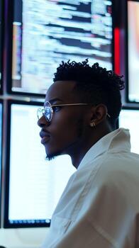 Young man working intently at computer screens in a modern office setting during evening hours photo