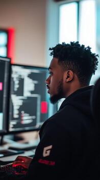 Mastering coding skills during late-night session in a modern workspace photo