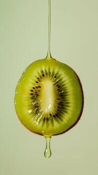 Fresh kiwi slice hanging with juice dripping on a subtle green background creating a vibrant, appetizing effect photo