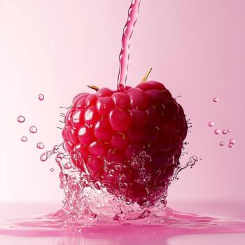 Fresh raspberry splashing in pink water with droplets creating a vibrant effect photo
