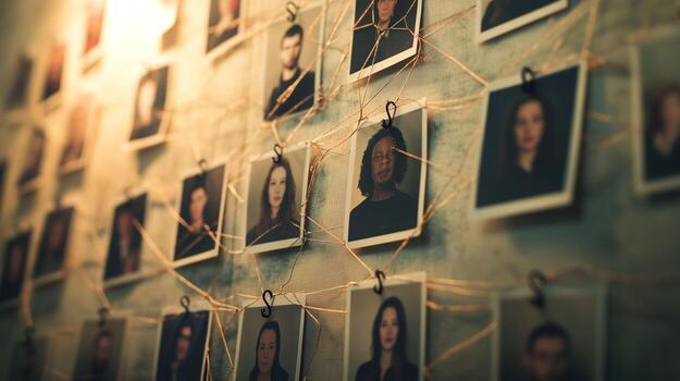 Connection of suspects through photographs and strings in a dimly lit environment photo