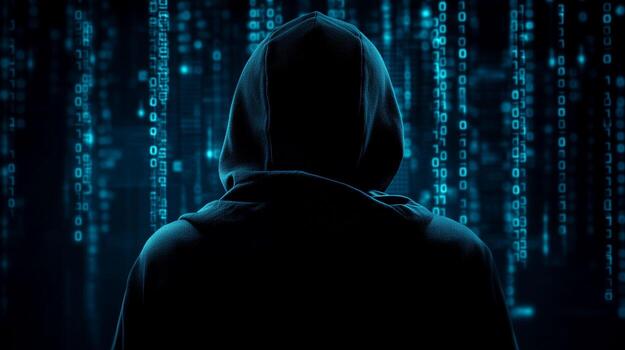 hacker en un oscuro habitación trabajando con digital código y creando ciber soluciones foto